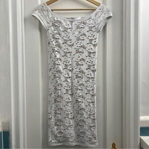 Guess Y2K White Lace Bodycon Mini Dress with Cap Sleeve, size M/L